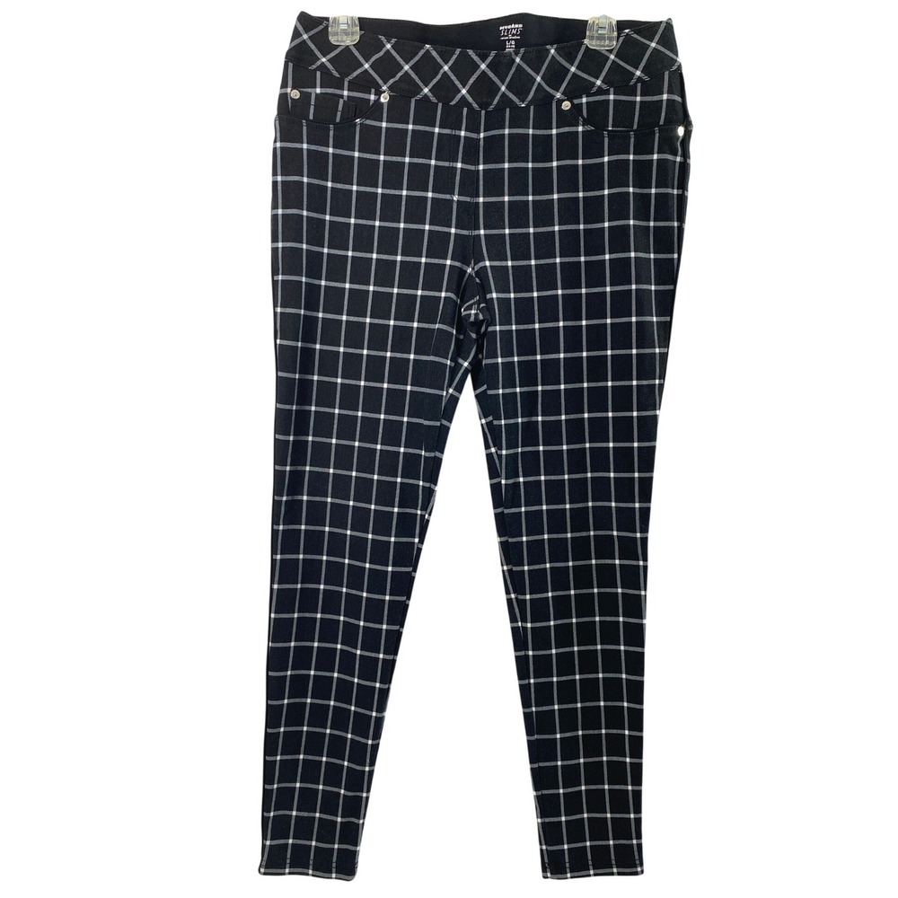 Nygard Slims Leggings Women L Black White Windowpane Plaid Career Stretch Pants